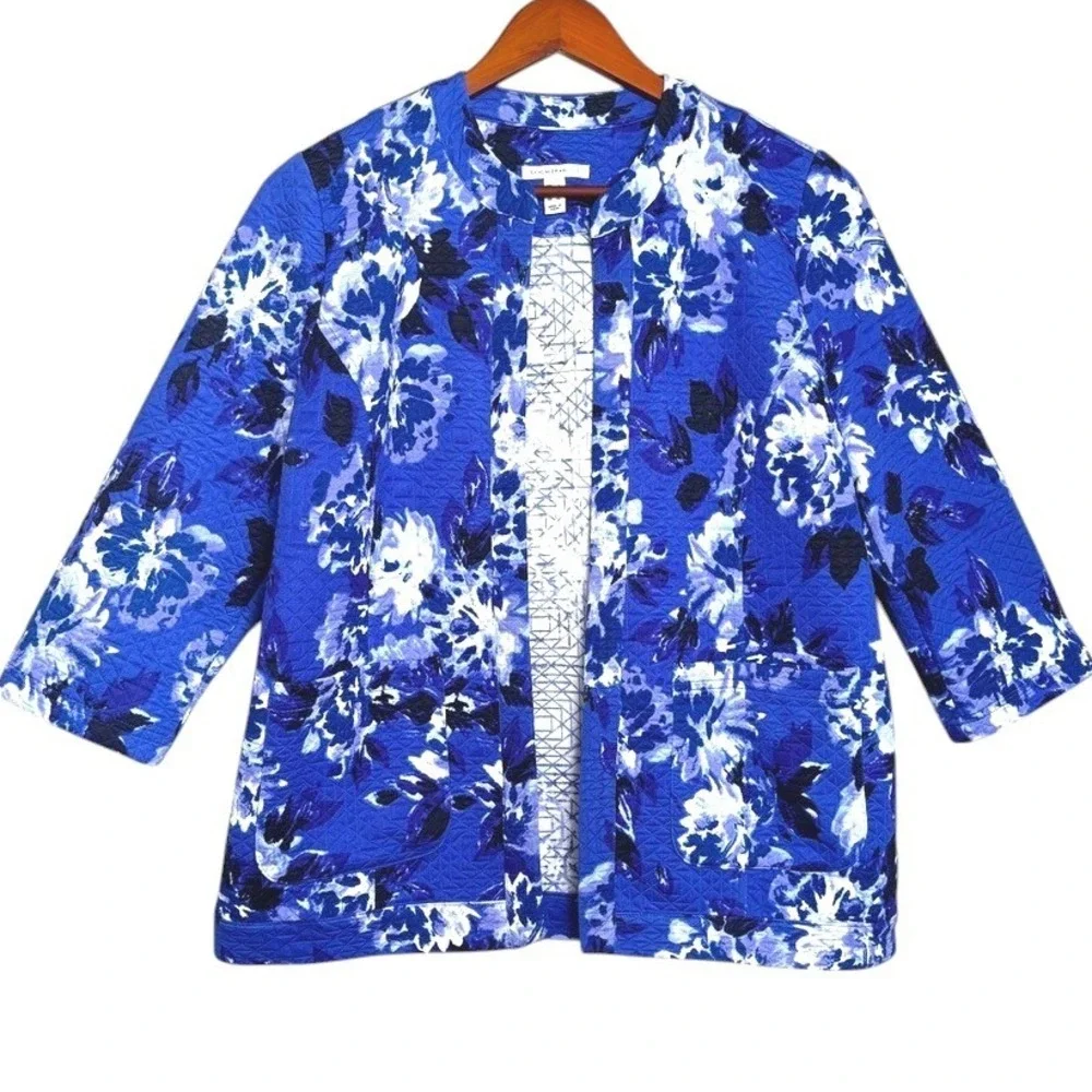 Mizrahi Blue Floral Quilt Open Front Jacket Sz L Polished Casual Classic Cottage